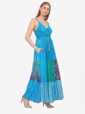 26428 Blue Patchwork Maxi Dress with Tassel Tie